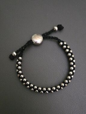 Adjustable Black Macrame Bracelet with Silver Beads